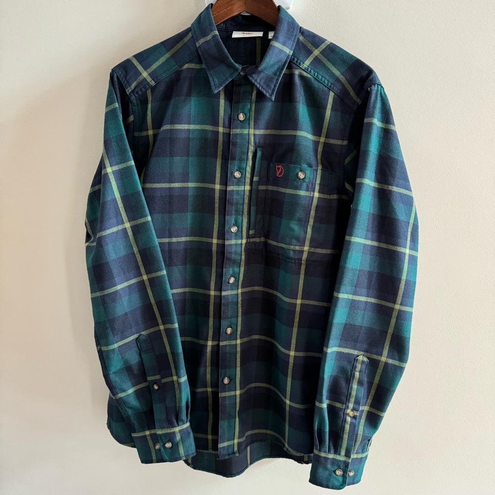 Fjallraven Fjallglim Shirt Mens Medium Green Navy Flannel Long Sleeve Plaid
